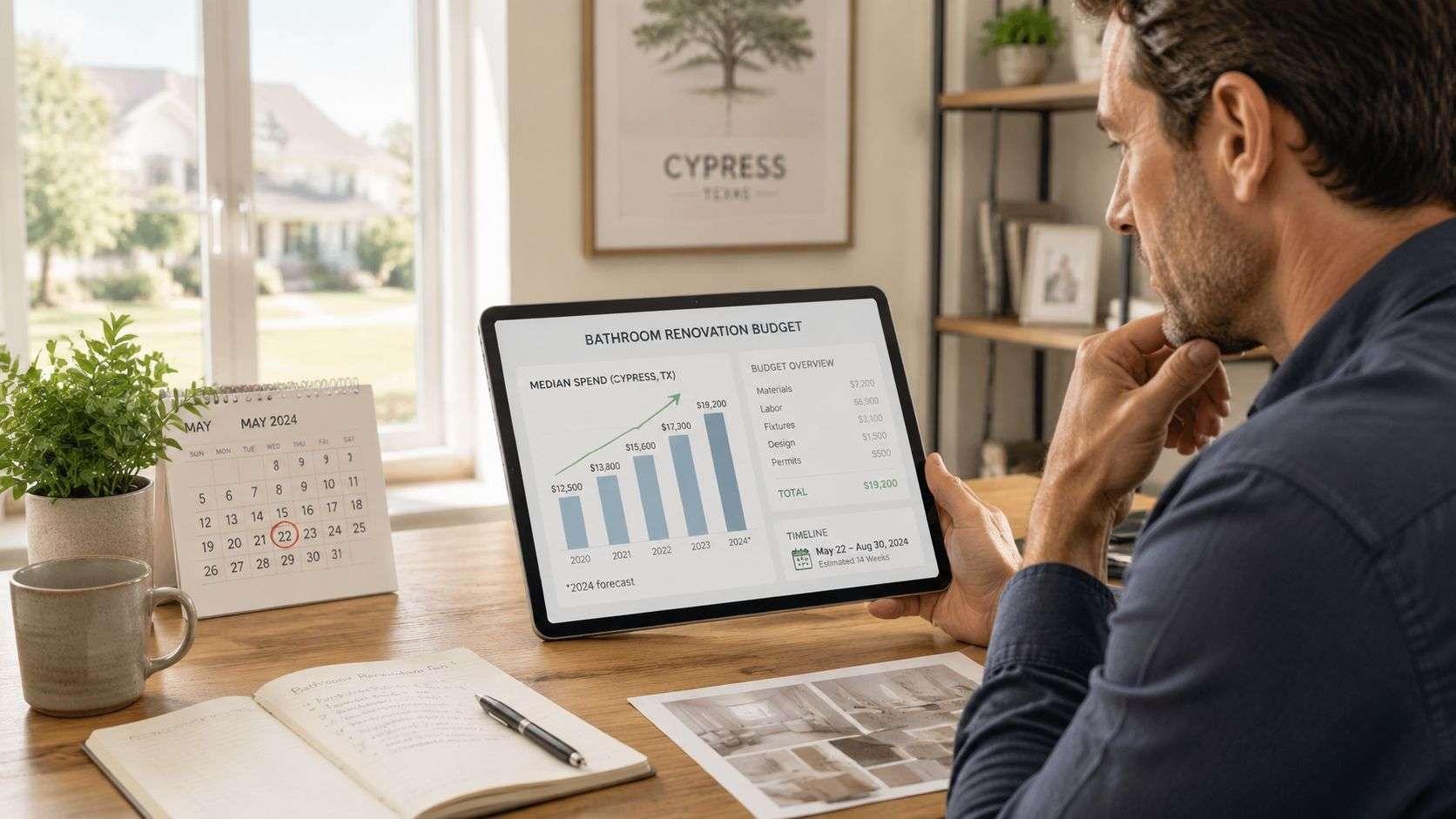 A man reviews a bathroom renovation budget plan for Cypress, Texas on a digital tablet at his desk.