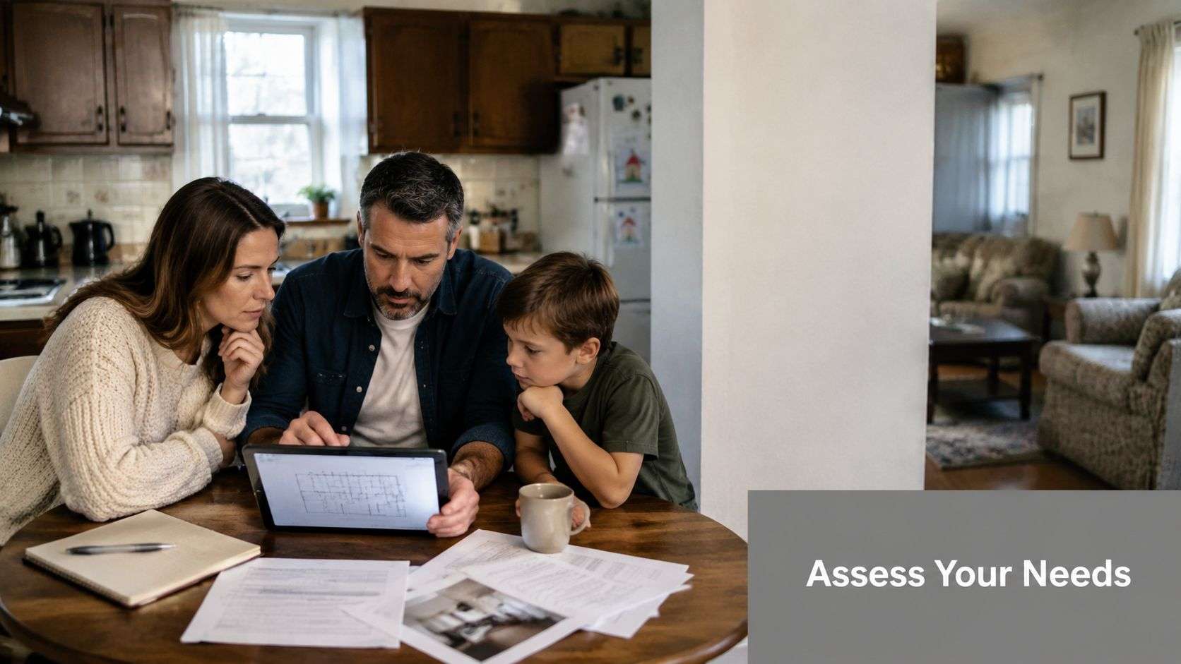 A family of three sitting at a table discussing renovation plans on a digital tablet together.