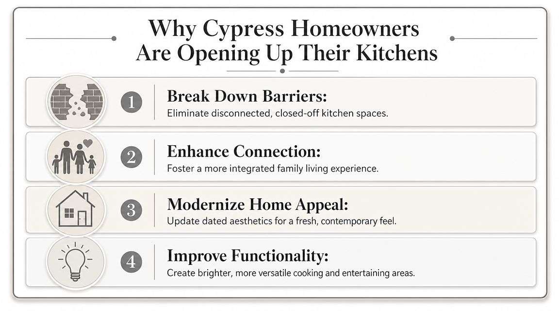 An infographic titled Why Cypress Homeowners Are Opening Up Their Kitchens listing four benefits of open-concept kitchen remodeling.