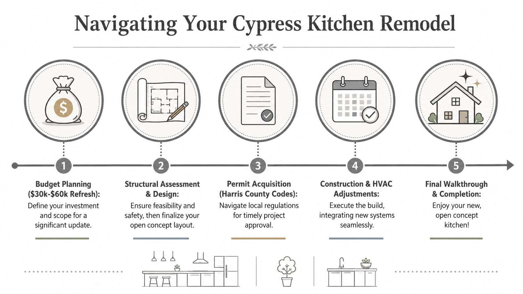 A step-by-step infographic titled Navigating Your Cypress Kitchen Remodel showing five stages from planning to completion.