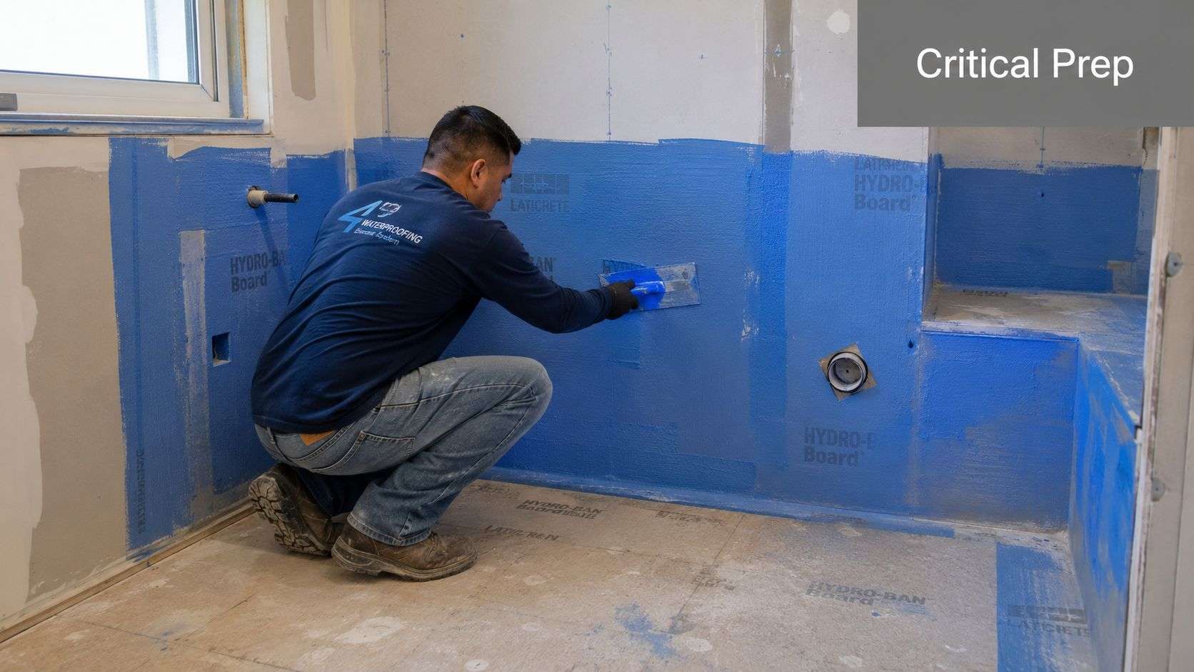 A professional construction worker applying sealant to bathroom wall panels during a bathroom renovation project.