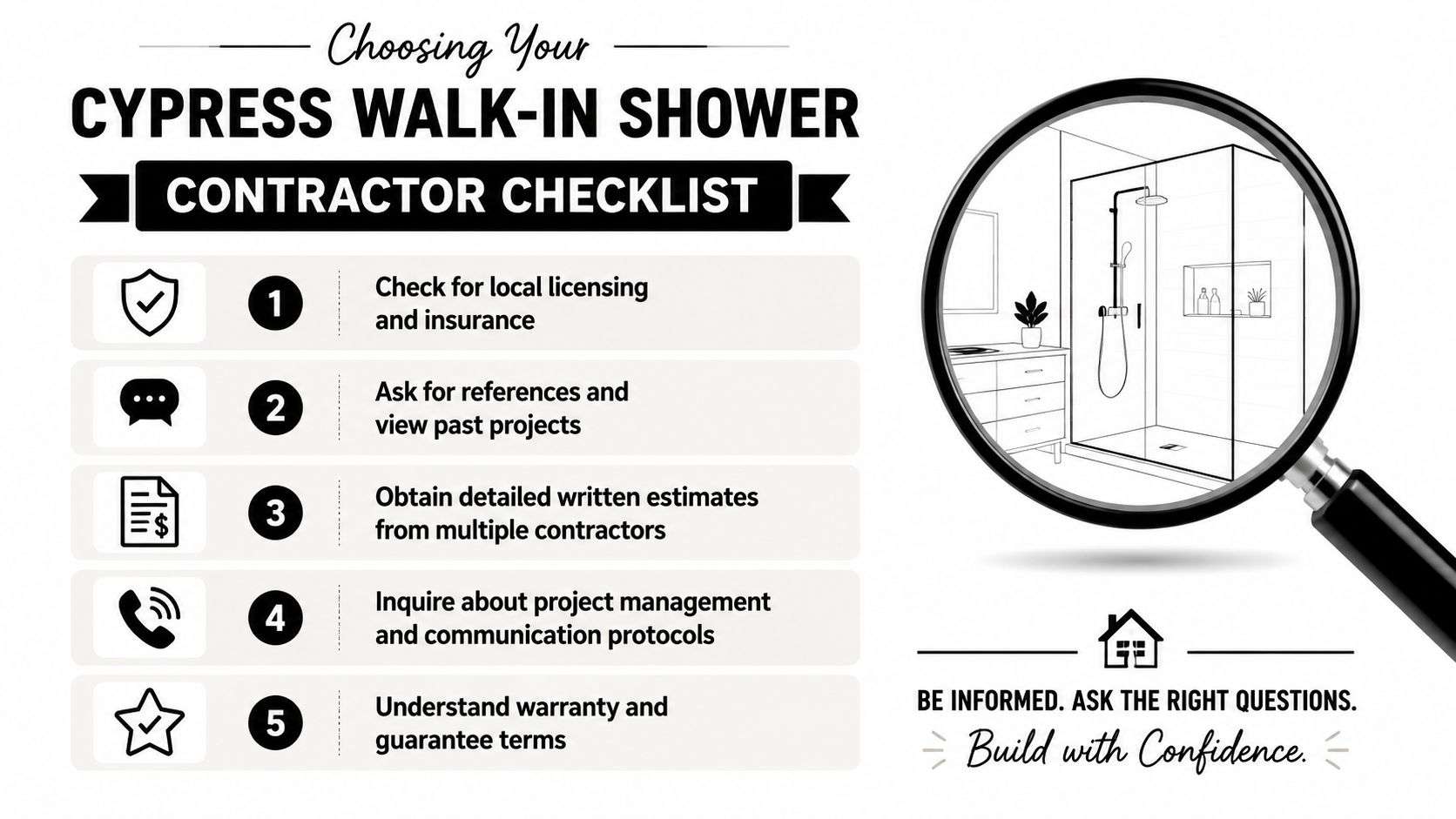A checklist for choosing a contractor for a walk-in shower remodeling project in Cypress, Texas.