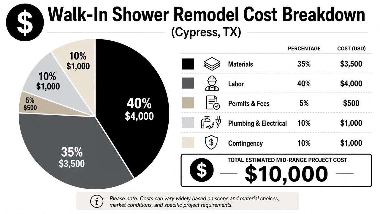 A pie chart displaying the cost breakdown for a walk-in shower remodel in Cypress, Texas.