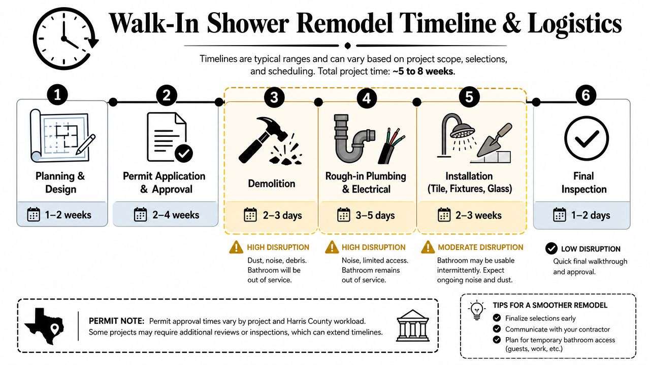 An infographic detailing the six-step timeline and logistics for a typical walk-in shower remodeling project.