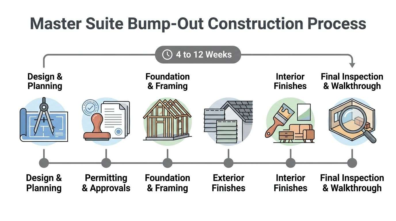 A diagram outlining the six steps of a master suite bump-out construction process over 12 weeks.