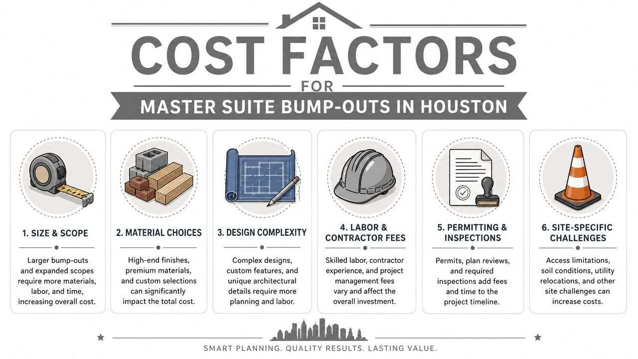 An infographic showing six primary cost factors for master suite bump-out additions in Houston, Texas.
