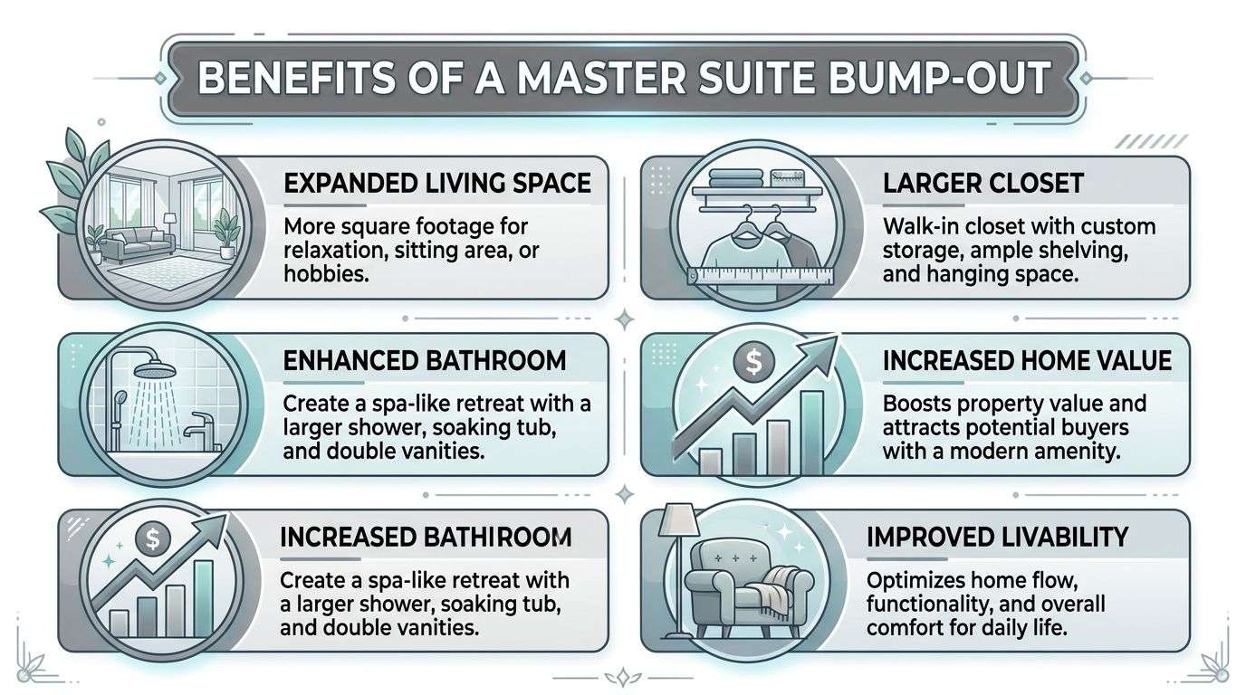 An infographic detailing the six primary benefits of adding a master suite bump-out to a home.