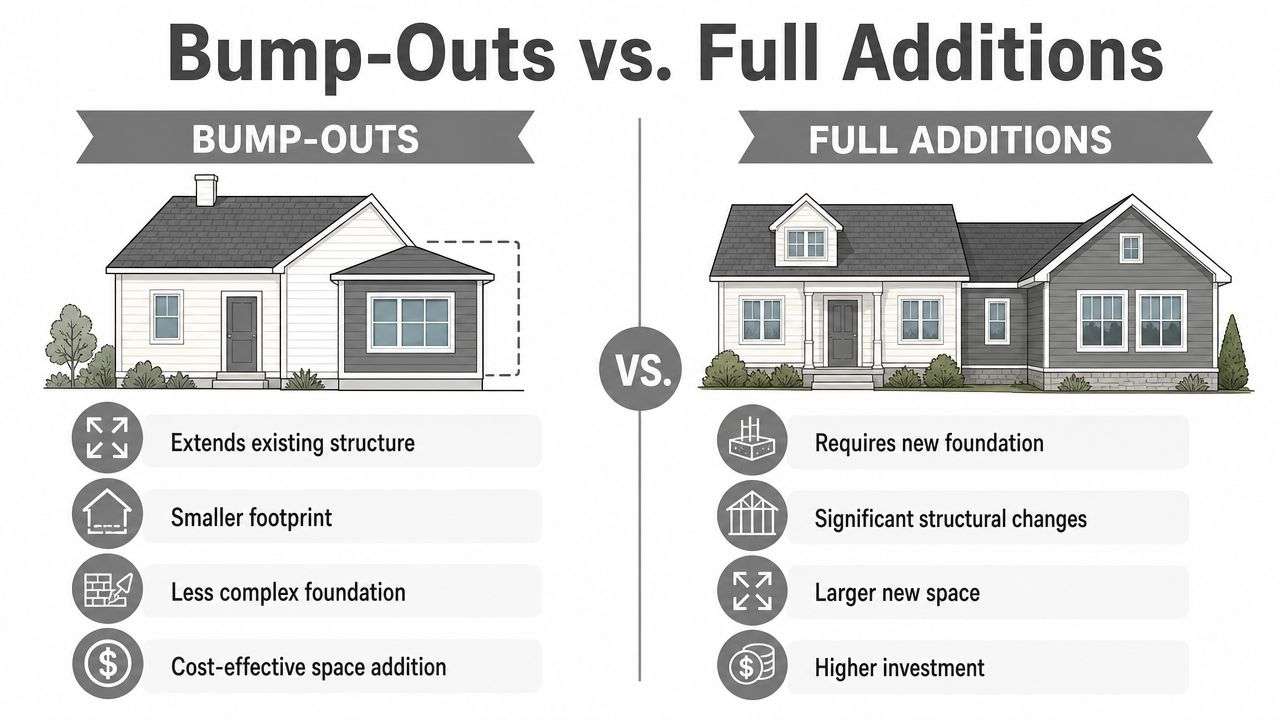 An infographic comparing house bump-outs and full additions through illustrations and key benefits for homeowners.