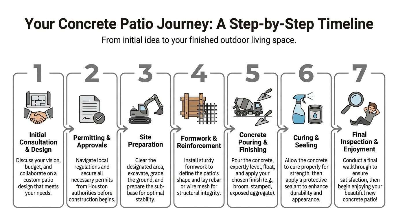 A seven-step infographic timeline detailing the process of building a concrete patio in Houston, Texas.