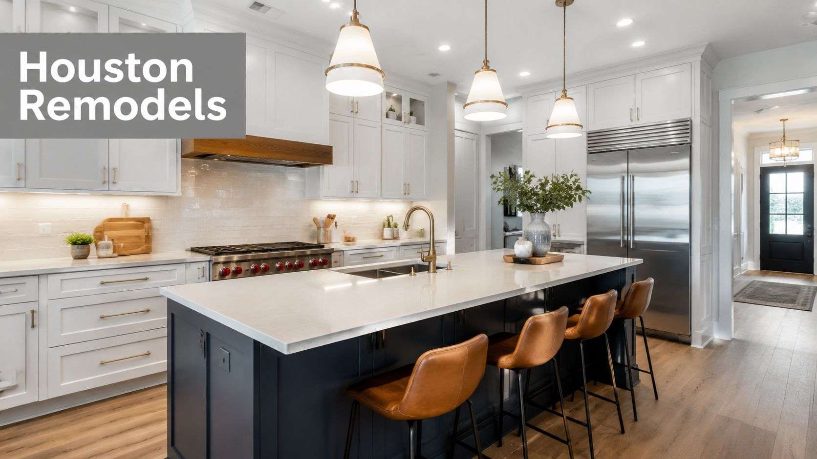 custom cabinet makers houston tx luxury kitchen Custom Cabinet Makers Houston Tx: Houston's Best Custom You're probably in one of two places right now. Either you're staring at a kitchen or bathroom that still functions, but fights you every day, or you're planning a larger remodel and realizing cabinets affect almost everything: layout, storage, appearance, schedule, and budget. A modern luxury kitchen featuring white cabinetry, a dark navy kitchen island, and gold pendant lighting.