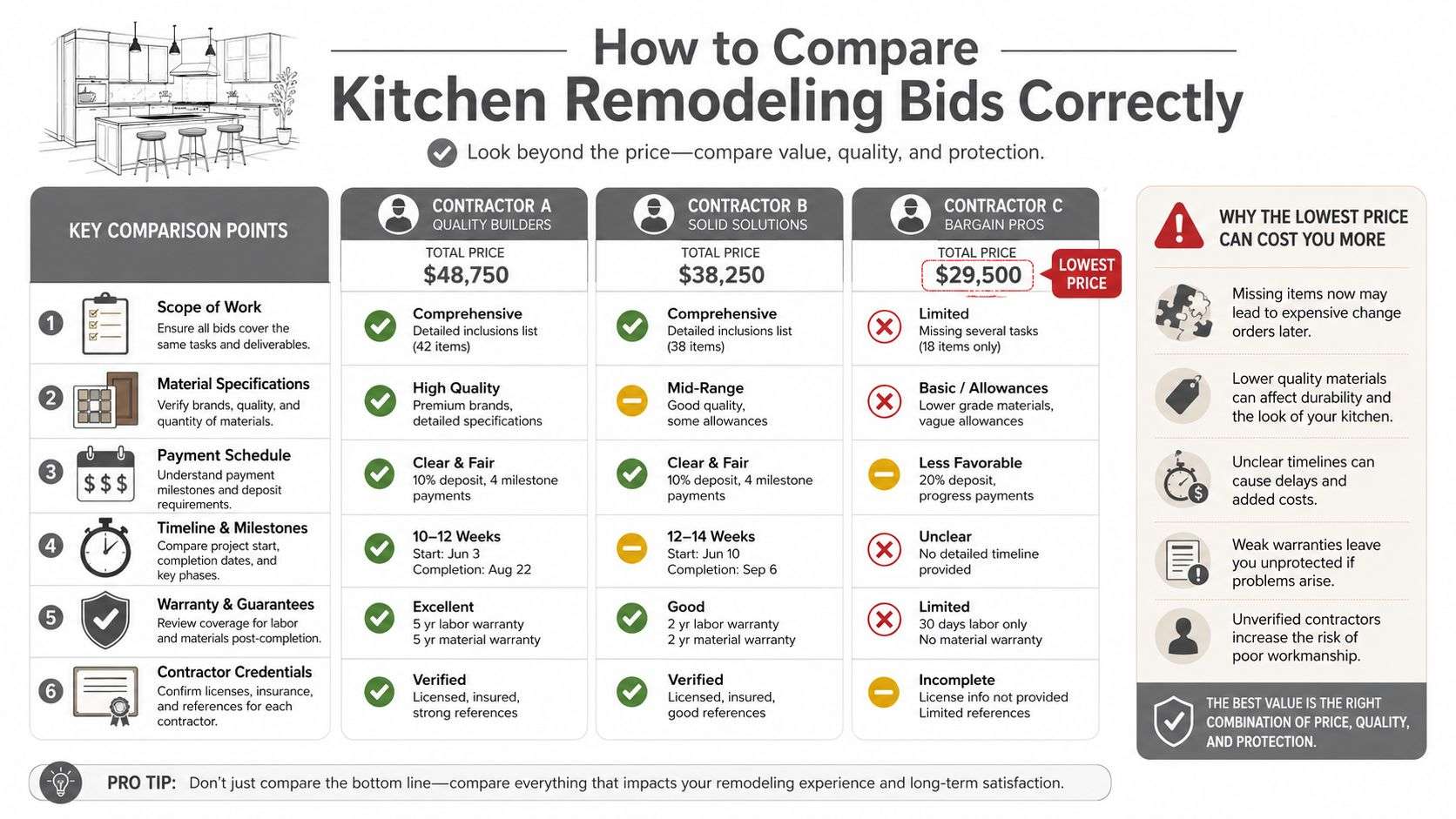 A comparison chart showing how to evaluate kitchen remodeling bids based on price, quality, and protection.