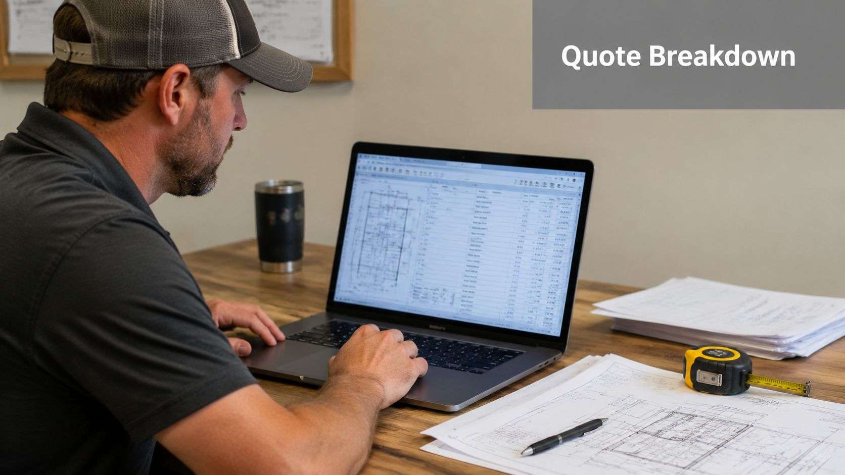 A professional contractor sitting at a desk and reviewing kitchen remodeling plans on his laptop computer.