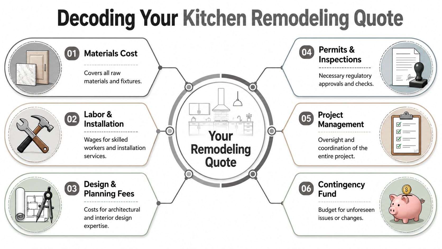A diagram breaking down the six key components included in a standard kitchen remodeling cost quote.