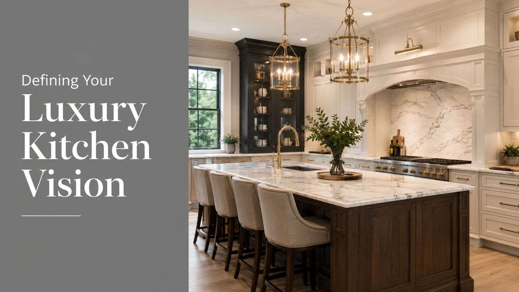 A luxurious kitchen with a large marble island, dark cabinetry, and elegant pendant lights in Houston.