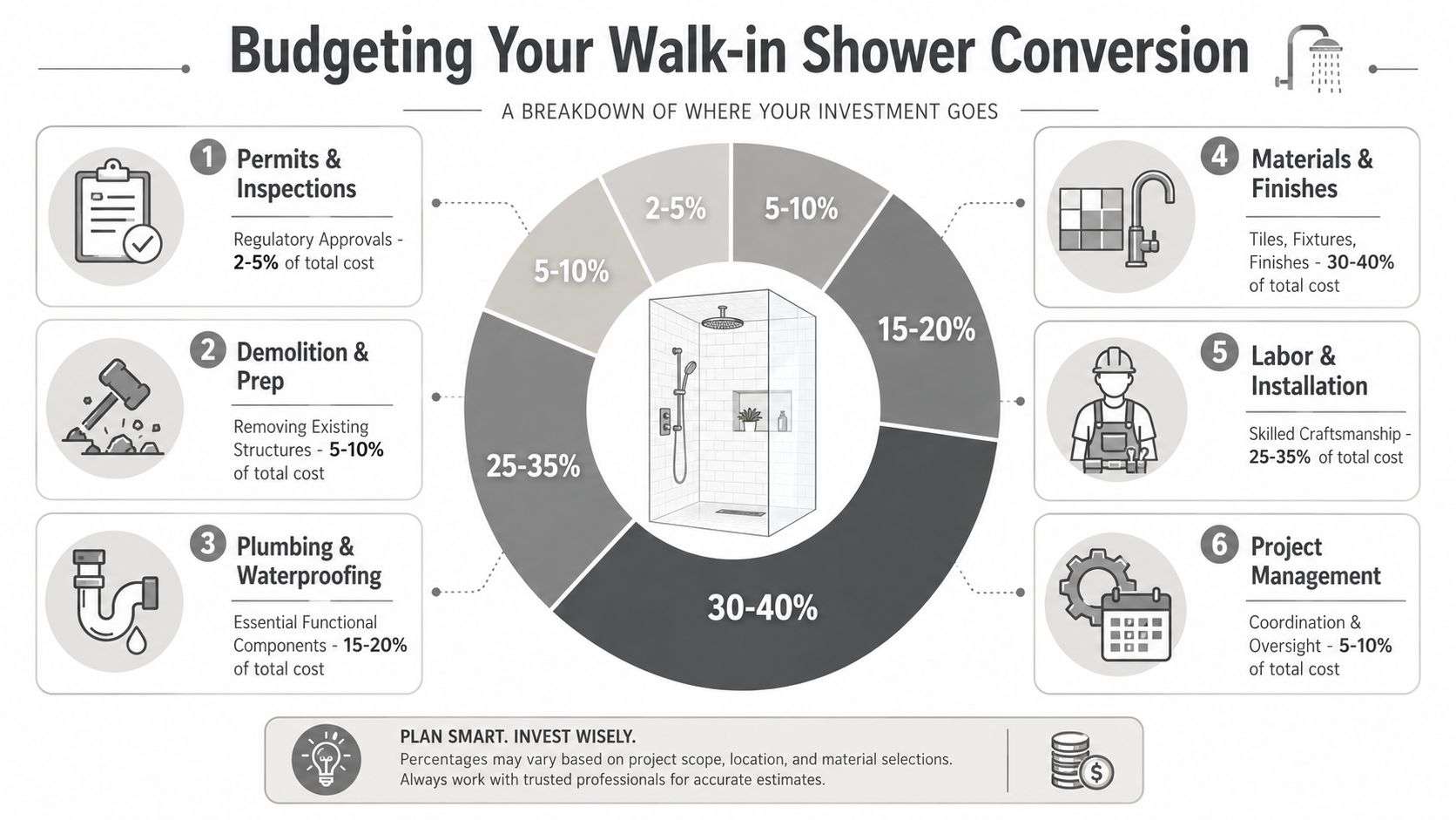 An infographic showing the percentage breakdown of costs for a residential walk-in shower conversion project.