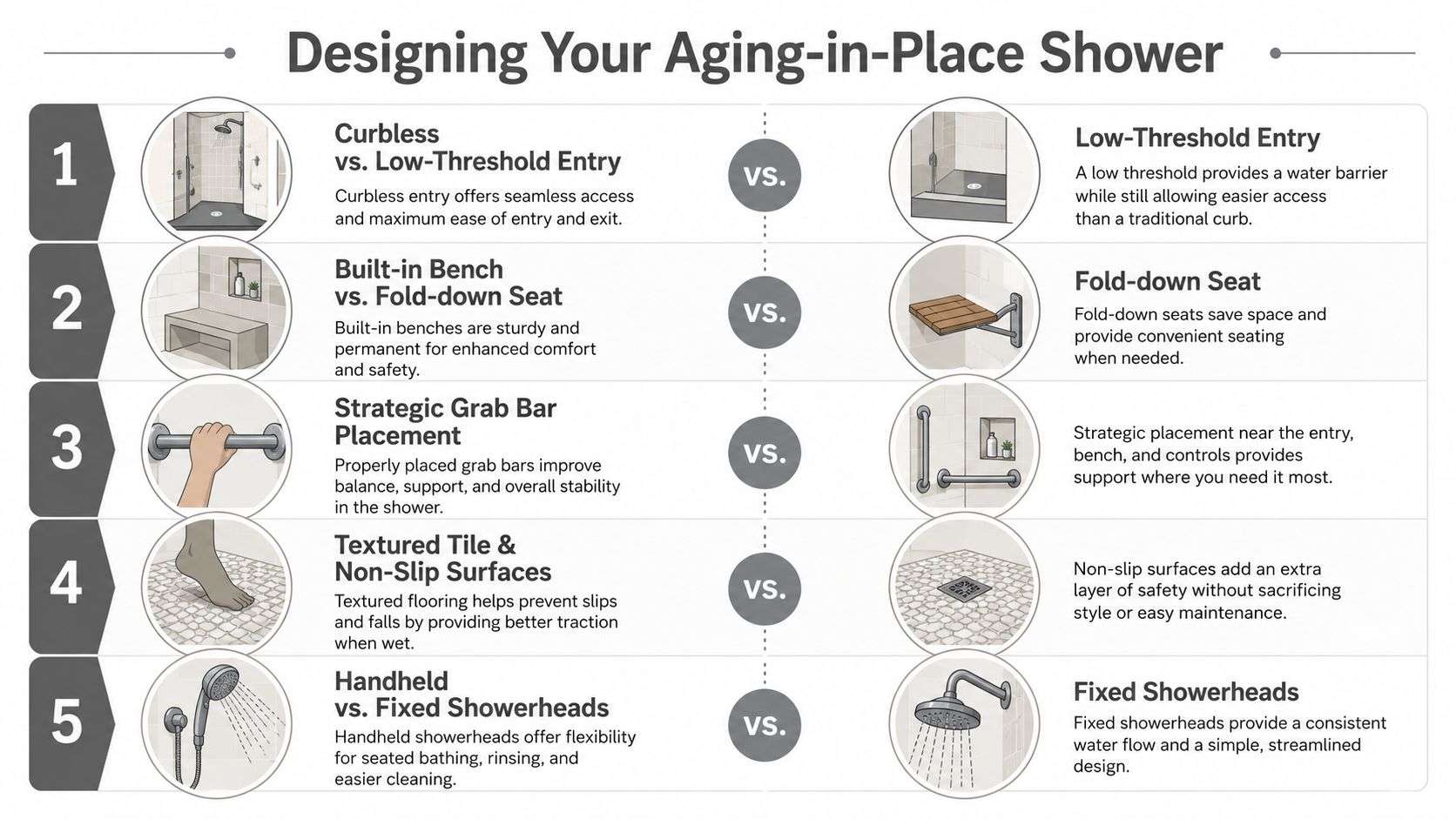 A design infographic comparing five key features for creating a safe, accessible aging-in-place shower for seniors.
