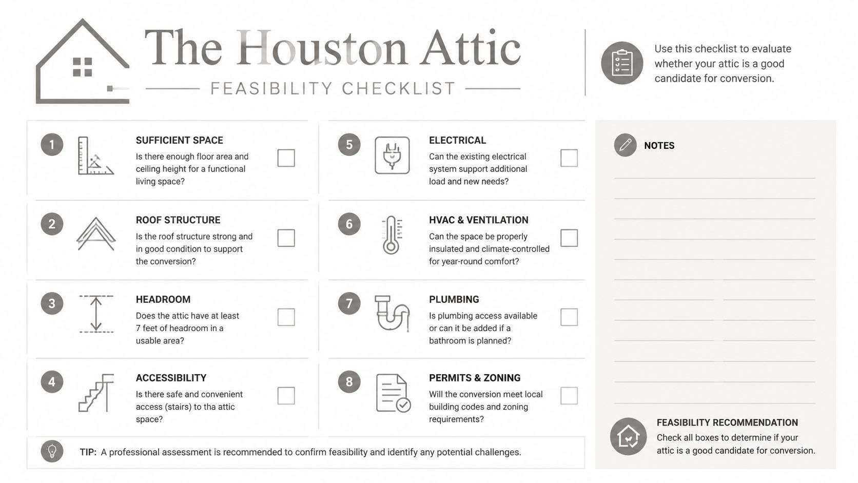 A feasibility checklist for an attic conversion in Houston to help evaluate if it is suitable.