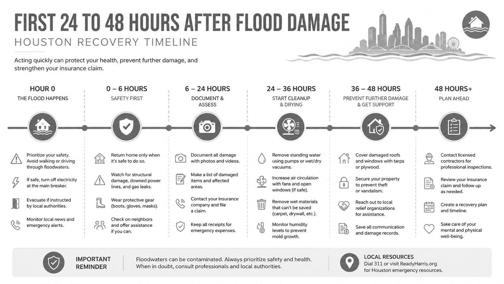 A recovery timeline infographic outlining safety and cleanup steps for homeowners after flood damage in Houston.