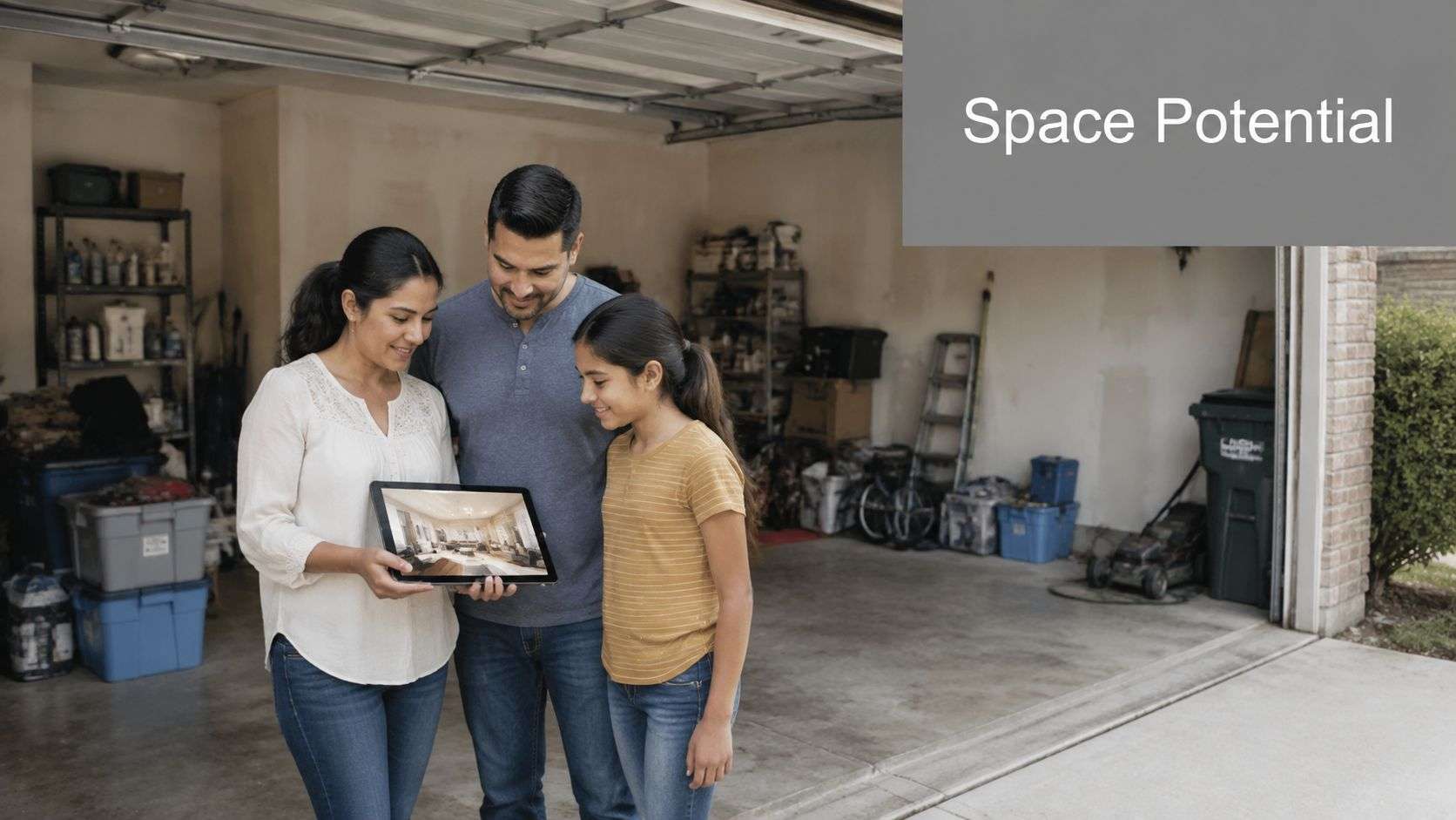 A happy family looking at a tablet showing a living room design inside their cluttered garage.