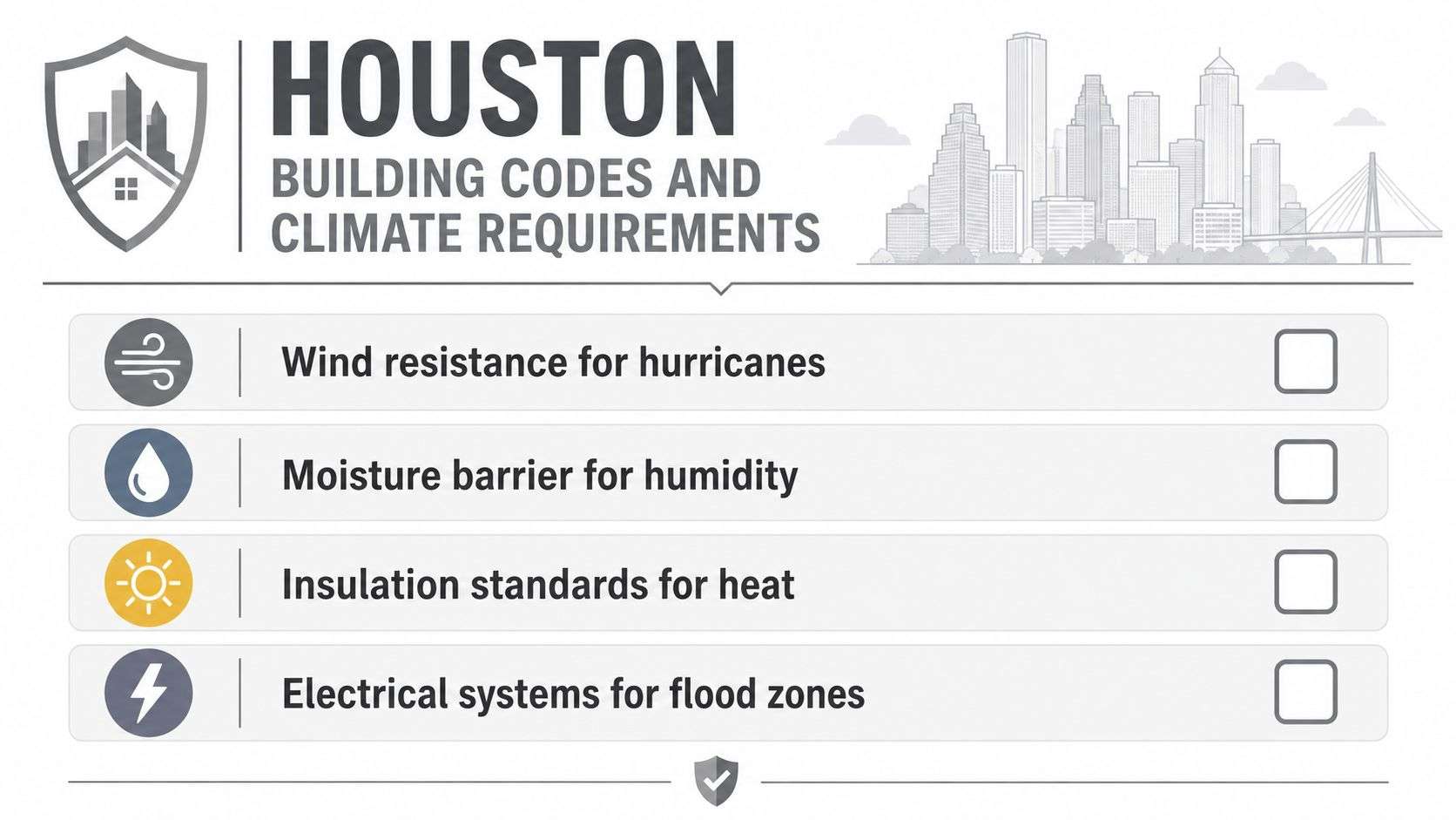 A graphic listing essential building codes and climate requirements for home construction and remodeling projects in Houston.
