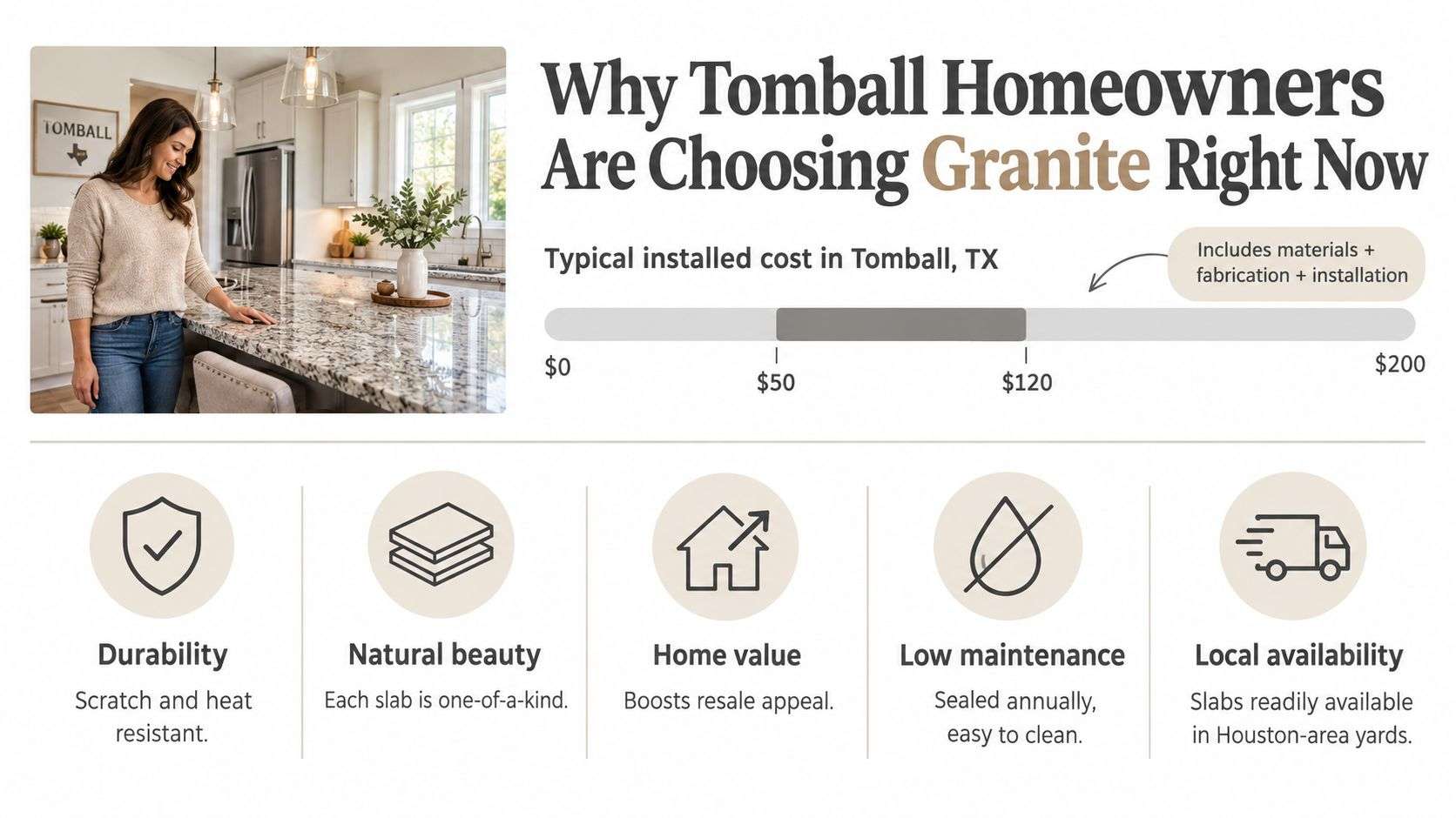 A woman admiring a granite countertop in a kitchen with text highlighting granite benefits in Tomball.