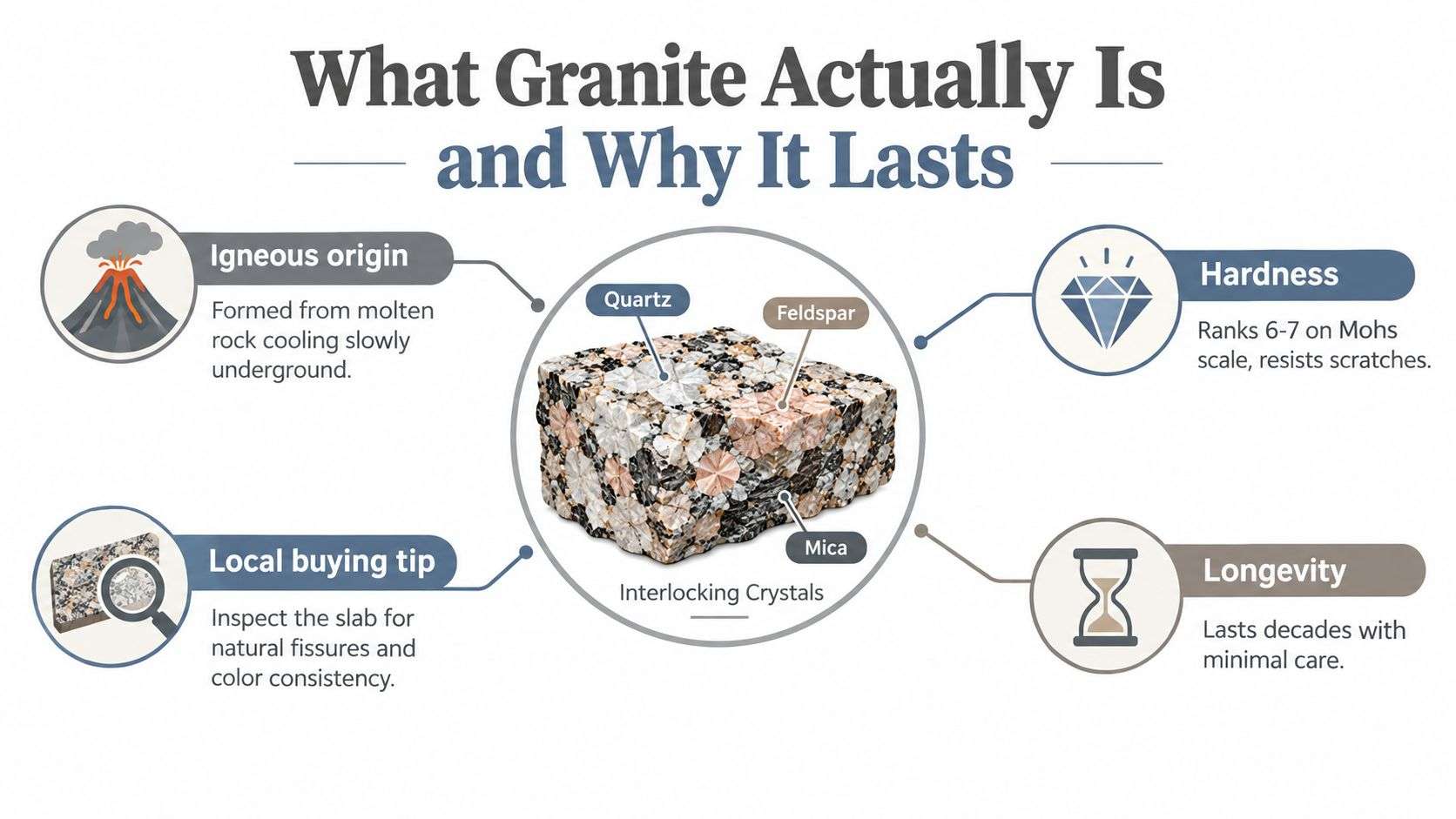 An infographic showing that granite has an igneous origin, interlocking crystals, high hardness, and long-lasting durability.